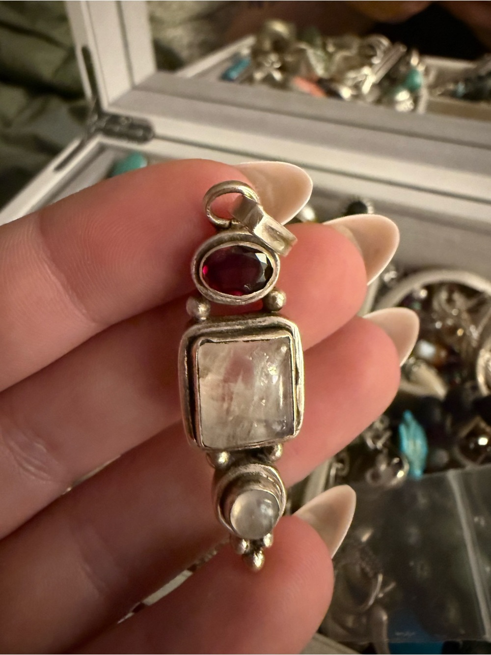 Silver Multi-Gem Pendant with Red and Clear Stones - Women Jewelry